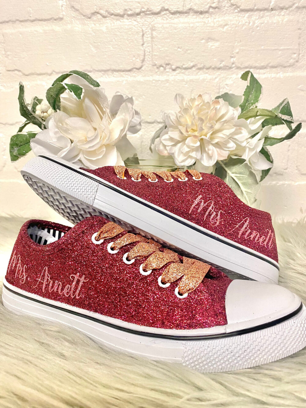 Burgundy Maroon Glitter Sneakers With Rose Gold Personalization For Bride, Wedding, Sparkle Sneakers, Bridal Shower, Custom Low Top Wedding