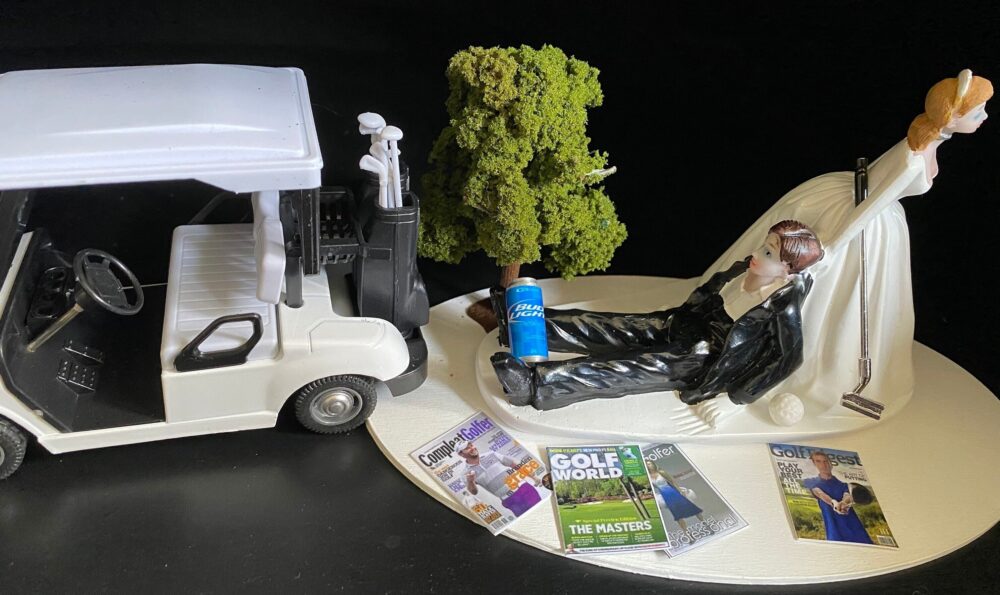 Golf Theme Funny Cake Topper Wedding Day Reception Bride Groom With Cart, Beer, Magazines, Golf Club & Ball, Tree No For You