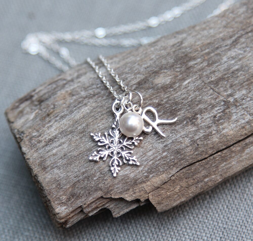 Christmas Wedding Bridesmaid Necklace, Sterling Silver Snowflake, Initial & Pearl, December Birthday Gift For Women, Bridal Party Jewelry