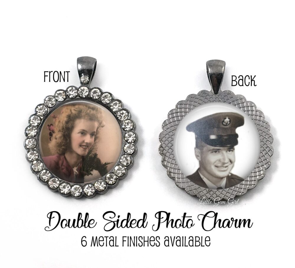 2 Photo Double Sided Personalized Wedding Bouquet Memorial Charm - Rhinestone Custom in Memory