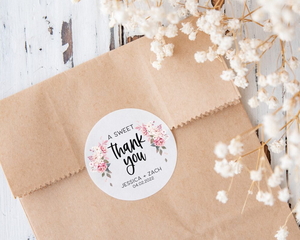 A Sweet Thank You Wedding Favor Stickers, Pink Flower Floral Design, Label, Treat Bag Sticker Favors, Cc03