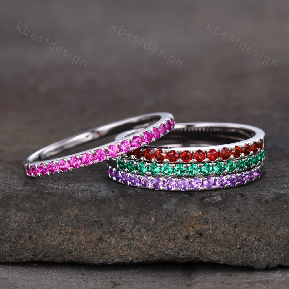Half Eternity Wedding Band, Emerald Ruby Ring, Gemstone Birthstone Pave Stacking Gift For Her, Sterling Silver Ring