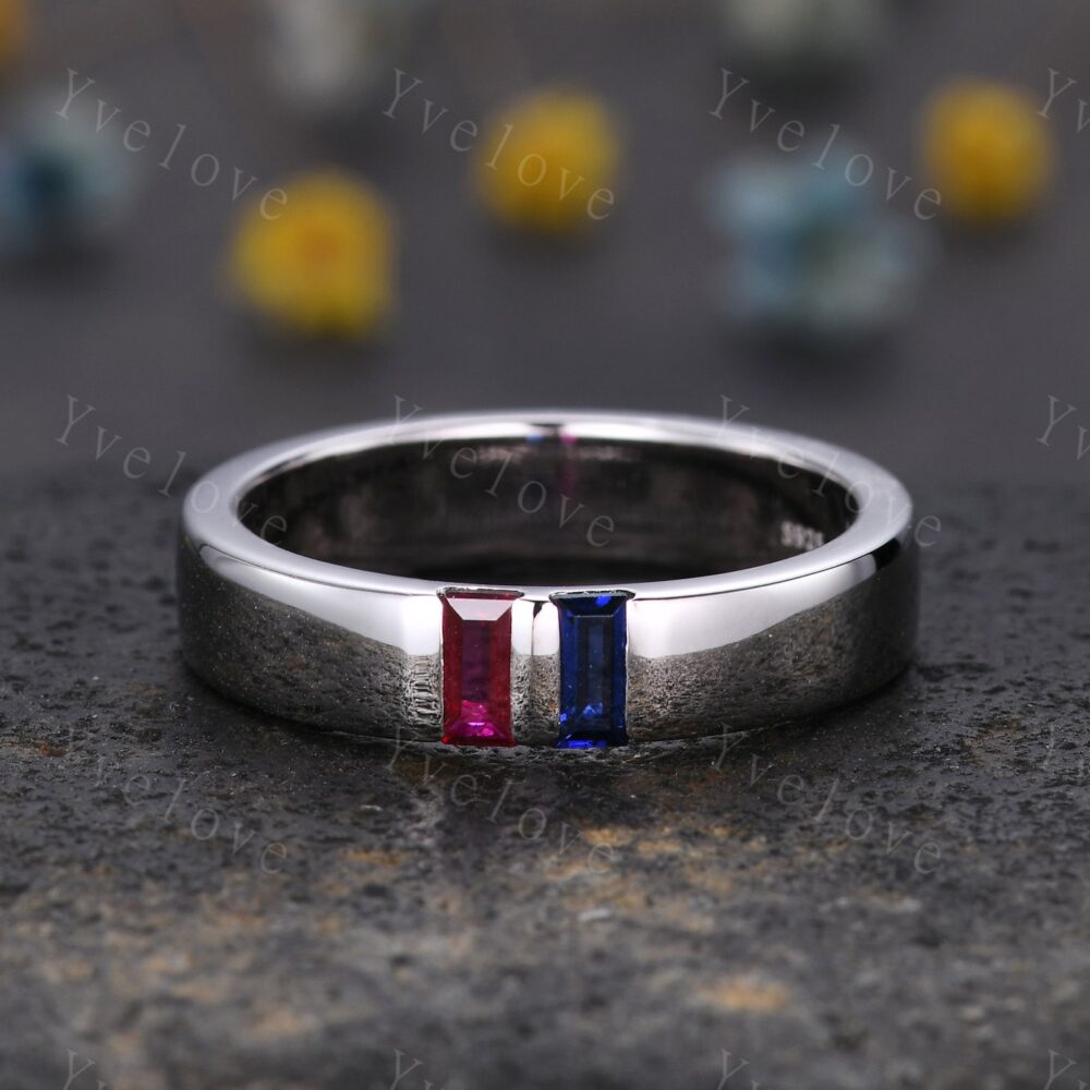 5mm Mens Sapphire Ruby Wedding Band, Two Baguette Cut Gems Ring, Comfort Fit Ring, Mens Birthstone Ring, Handmade Gift For Him, Platinum