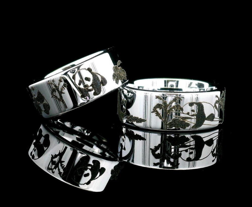 His & Hers | Adorable Pandas| Wedding Bands Pandas in Nature Custom Engraved Unique Bands| Tungsten Rings| Couples Rings Set