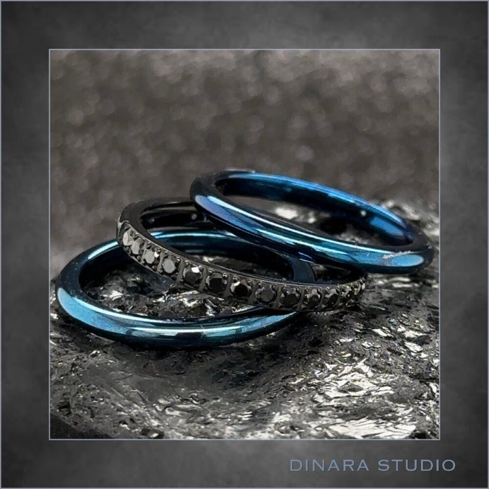 Black Blue Wedding Ring, Stackable Tungsten Rings, Titanium Cz Bands, 2mm Custom Engraved Women's Rings