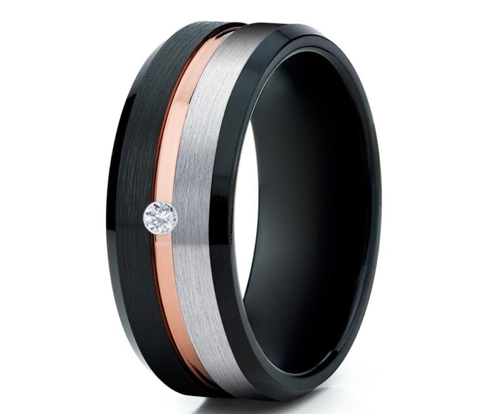 Diamond Wedding Band, Black Tungsten Ring, Rose Gold Ring, Anniversary Ring, Engagement Ring, Tungsten Carbide Ring, 18K Rose Gold, Brush