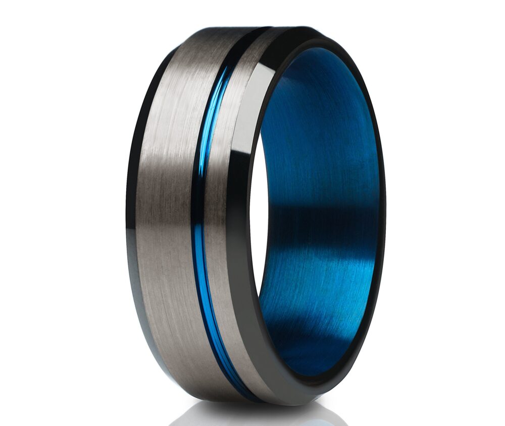 Blue Wedding Ring, Gunmetal Band, Black Tungsten Ring, Anniversary Ring, Engagement Ring, Unique Ring, Tungsten Carbide Ring, Flat