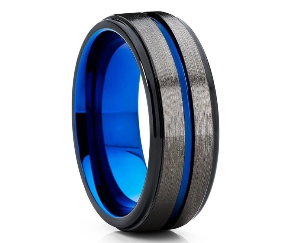Gunmetal Wedding Band, Blue Tungsten Ring, Tungsten Carbide Ring, Unique Ring, Black Ring