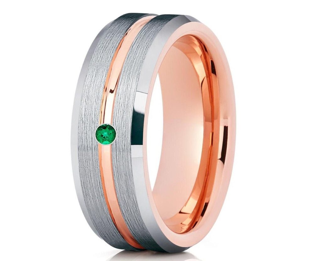 Silver Wedding Band, Rose Gold Tungsten Ring, Emerald Band, Tungsten Carbide Ring, Unique Band, 18K Rose Ring, Comfort Fit