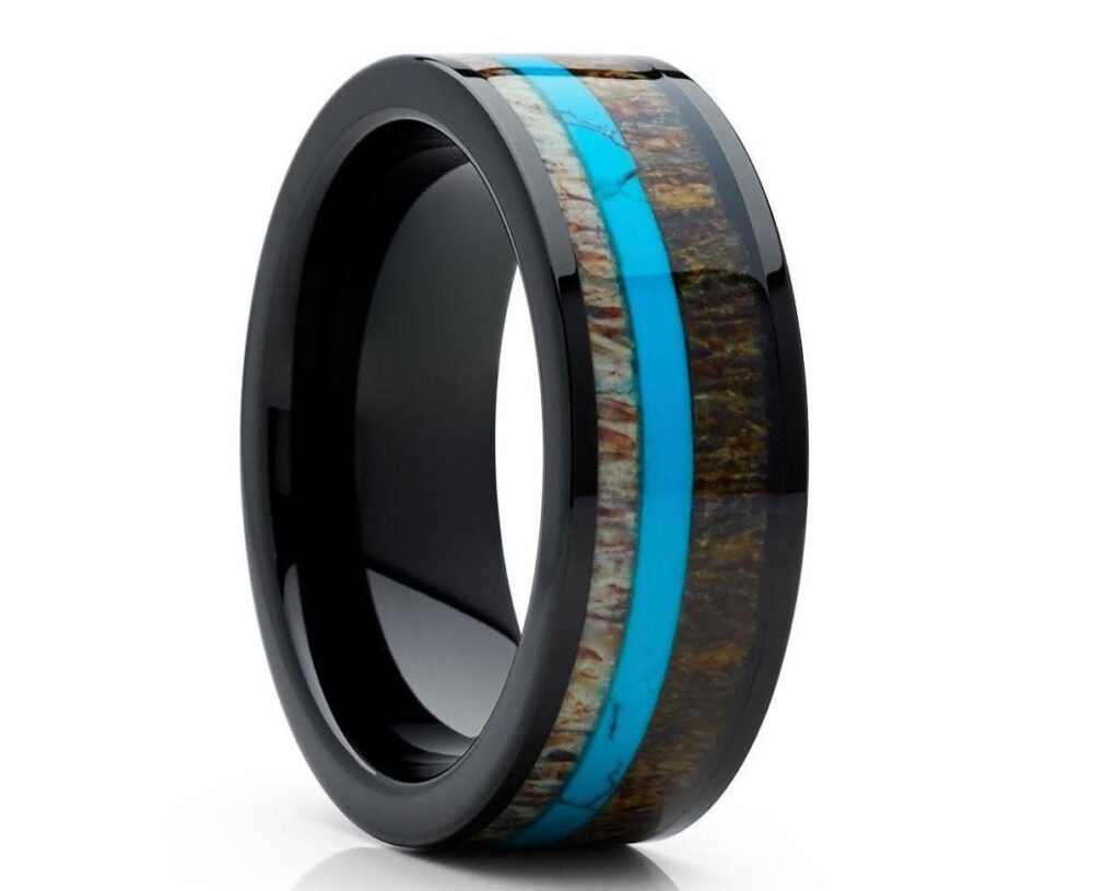 Turquoise Wedding Band, Deer Antler Tungsten Ring, Black Ring, Tungsten Carbide Ring, Engagement Ring, Turquoise Band