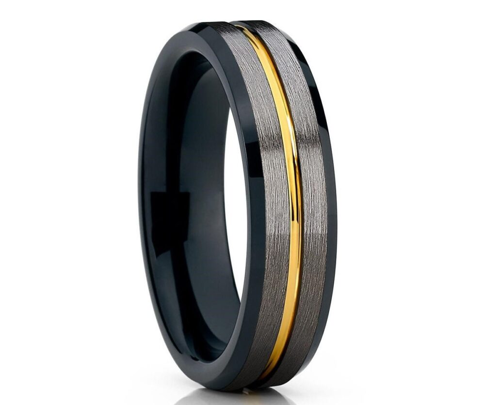 Black Tungsten Wedding Band, Tungsten Carbide Ring, Engagement Ring, Unique Band, 18K Yellow Gold, Tungsten Ring, Beveled, 18K