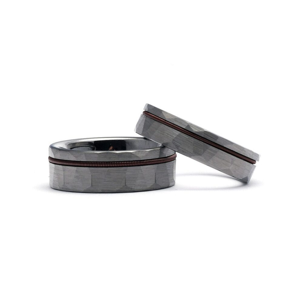 Hammered Wedding Rings With Brown Guitar String - Tungsten Unique Bands Set For Couples