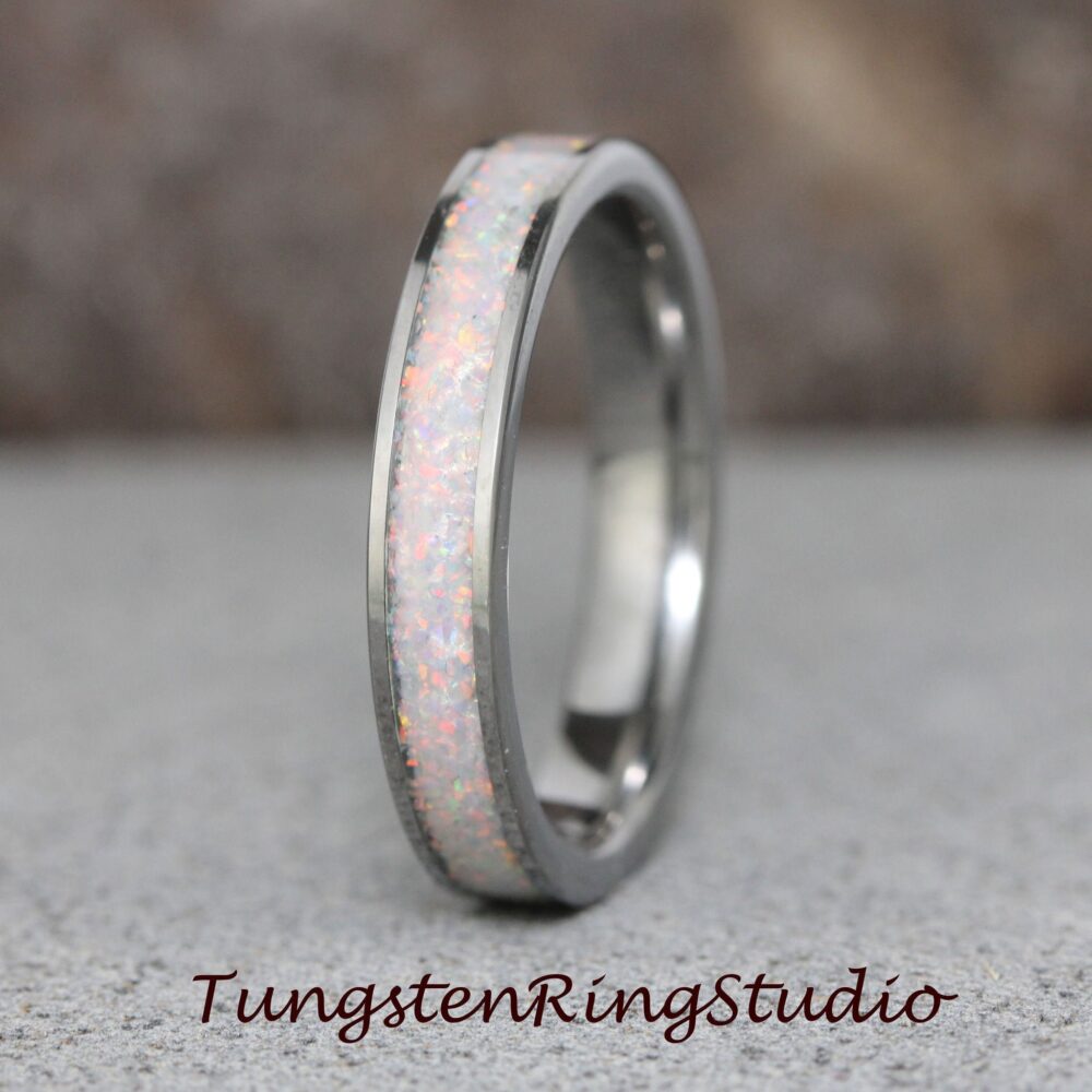 Crushed Fire White Opal Tungsten Wedding Ring Band 4mm Minimalist Stackable Anniversary Gift For Her