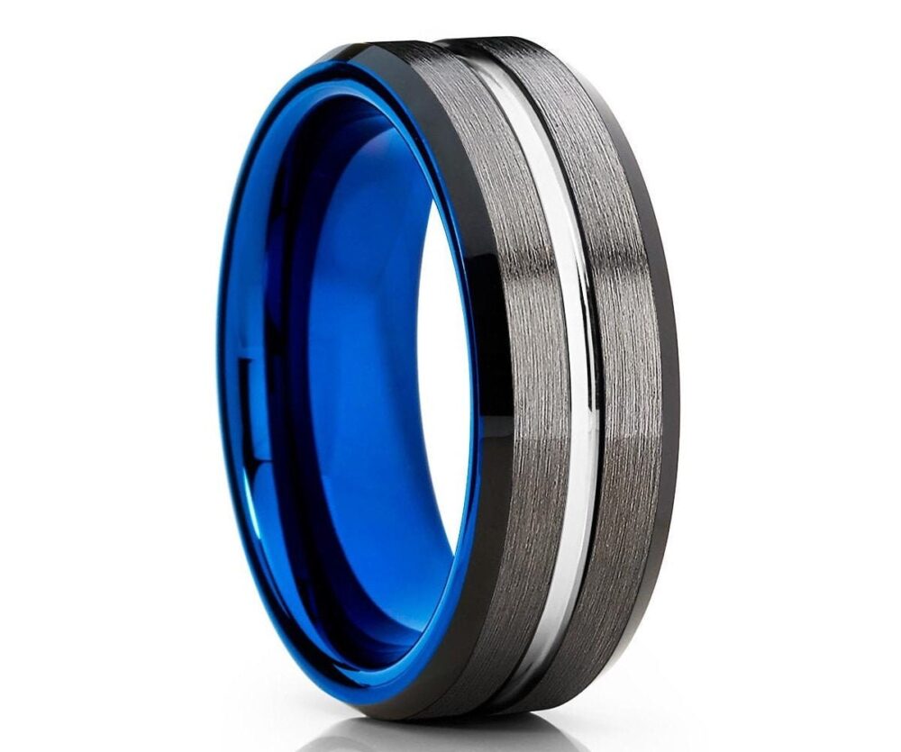 Gunmetal Wedding Band, Tungsten Ring, Tungsten Carbide Ring, Blue Ring, Engagement Ring, Unique Band, Comfort Fit