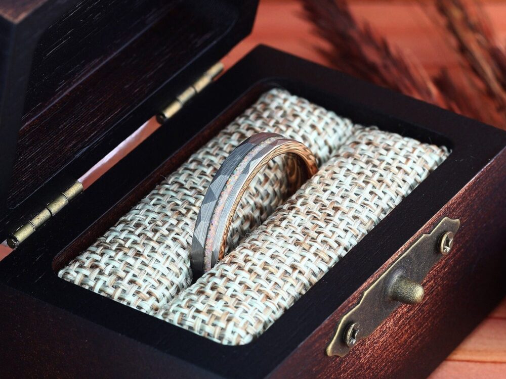 Womens Wedding Ring, Hammered Rose Gold Tungsten Ring, Fire White Opal Band, 4mm Comfort Fit