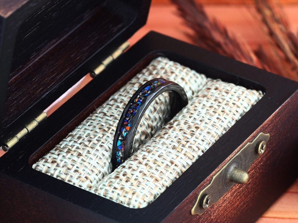 Womens Wedding Ring, Hammered Black Tungsten Meteorite & Galaxy Opal, Opal Ring, Band, For Her, 4mm Comfort Fit