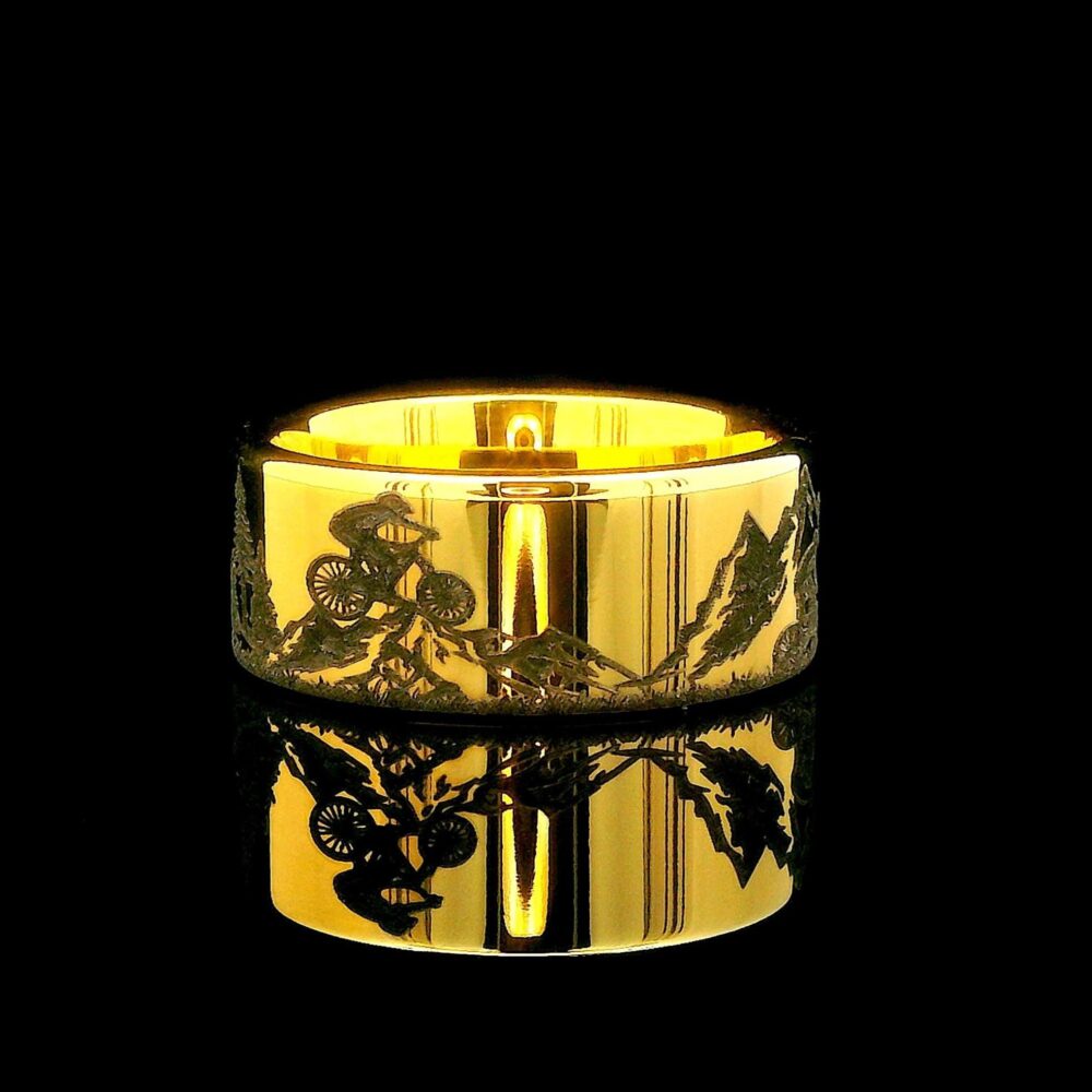 Cyclist Wedding Band | Mountain Forest Landscape Engraved Tungsten Ring Yellow Gold Bike Ride Gift For Cyclists