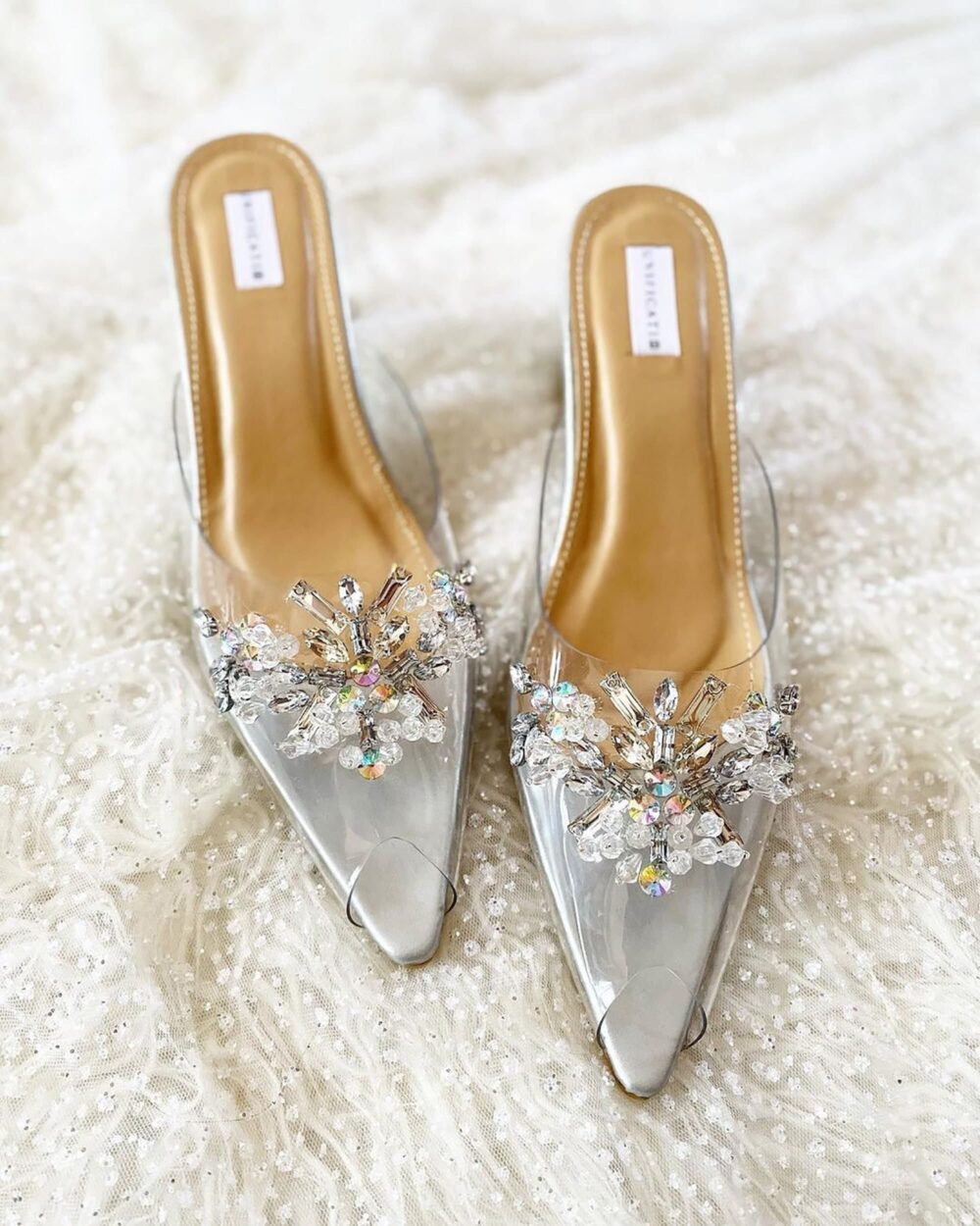 Silver Clear Transparent Wedding Heels, Cinderella Glass Shoes, Romantic Bridal Rhinestone Mules, Custom Fairytale Princess Shoes