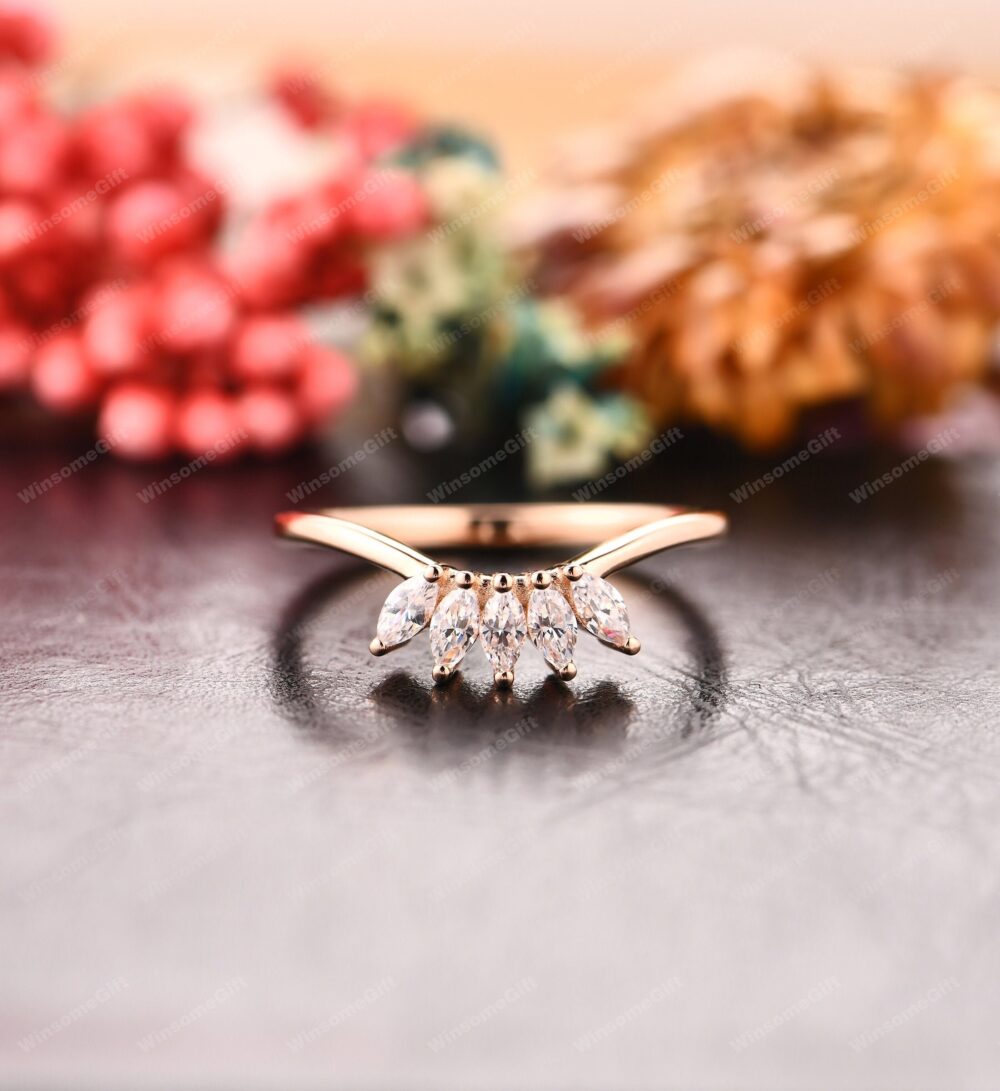 Moissanite Curved Wedding Band, 14K Rose Gold Bridal Ring, Promise Anniversary Matching Marquise Cut Ring