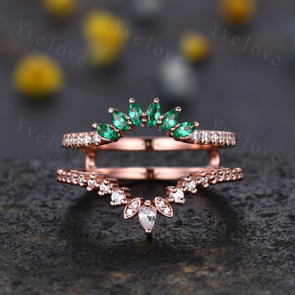 Enhancer Stacking Matching Wedding Band, Marquise Emerald Band, Moissanite Ring, Double Curved Ring, Rose Gold Bridal Ring Gift