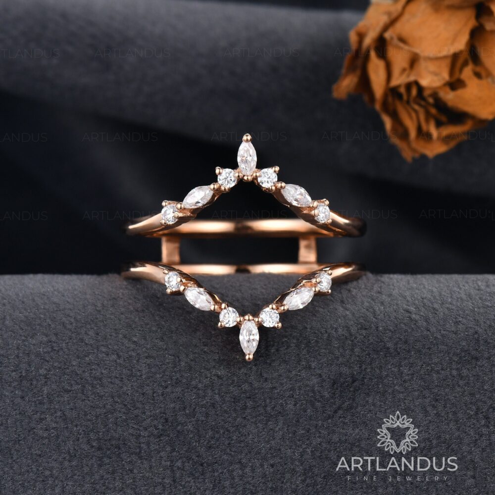 Double Wedding Band Women Rose Gold Curved Ring Marquise Moissanite Vintage Cage Style Custom Made Half Eternity Bridal Unique
