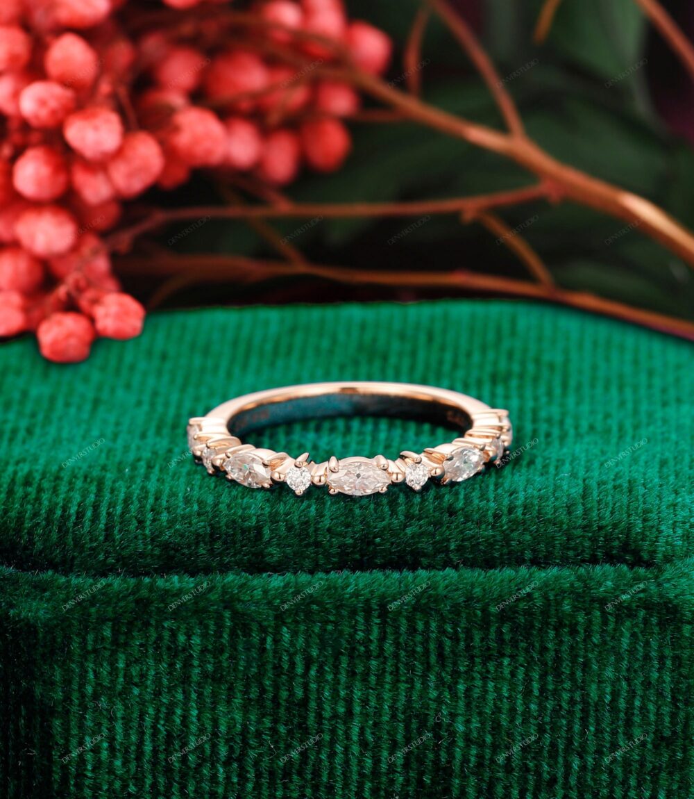 Moissanite Wedding Band Rose Gold, Promise Ring, Vintage Marquise Cut Ring Stacking Matching Unique Half Eternity Bridal