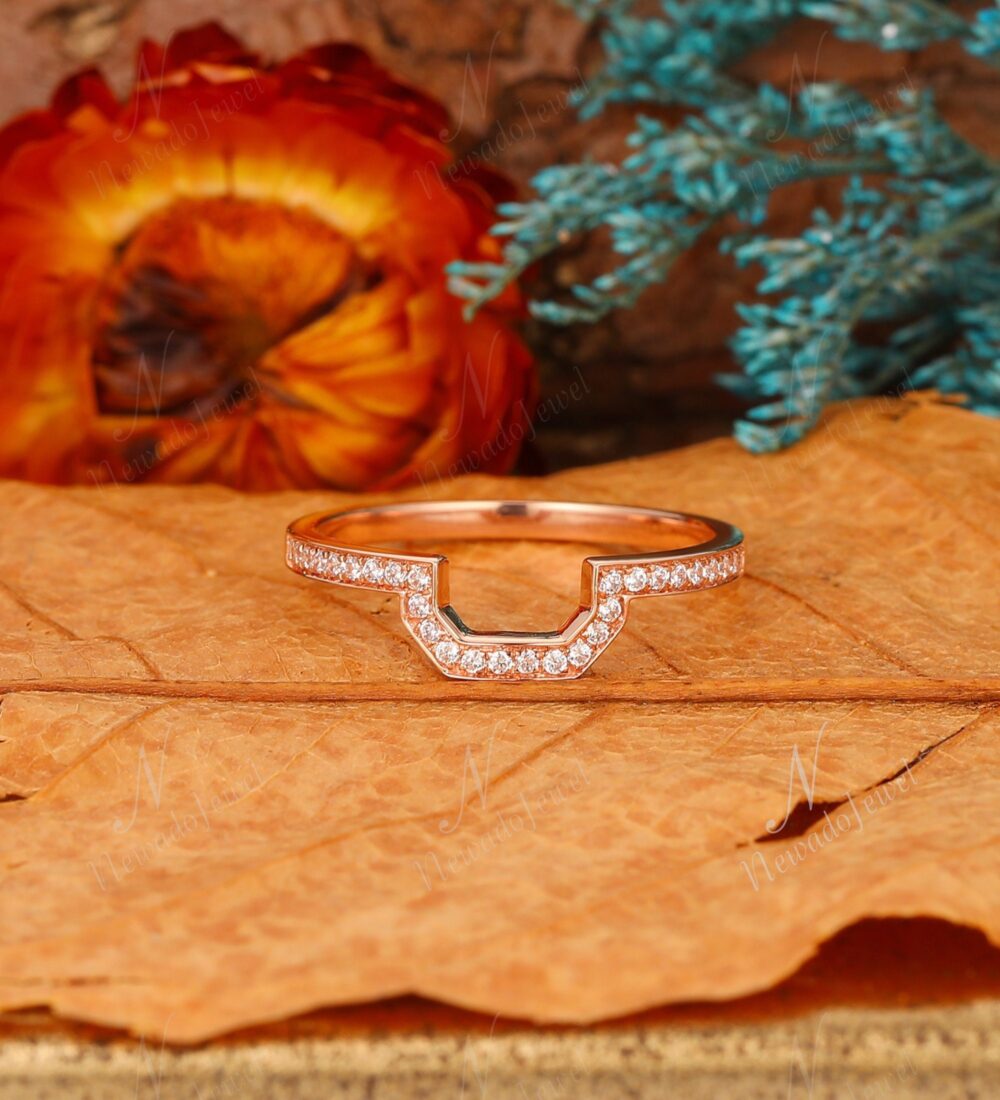 Curved Wedding Stacking Ring, Unique Moissanite Band, Matching Band For The Emerald Shaped Engagement Rose Gold Bridal Ring