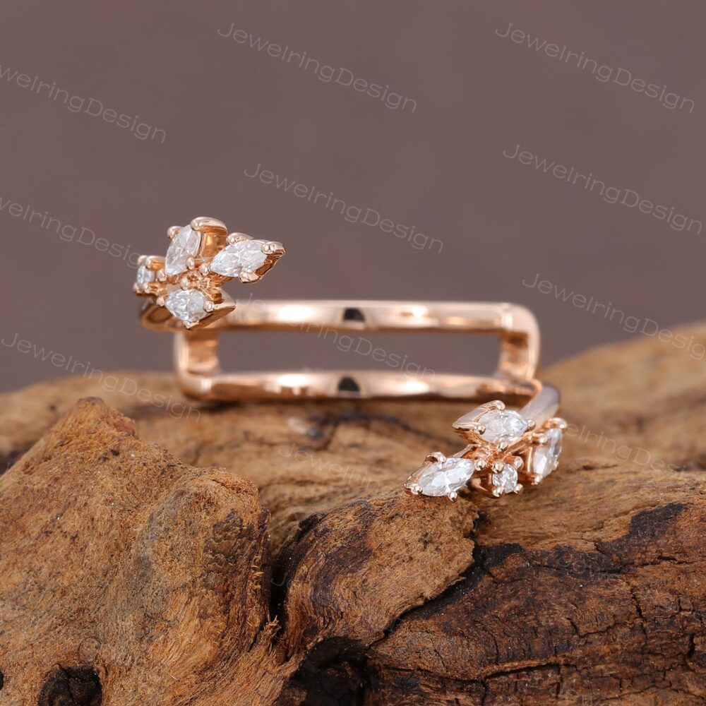 Double Curved Wedding Band Rose Gold Band Vintage Marquise Diamond Stacking Matching Bridal Promise Anniversary Ring