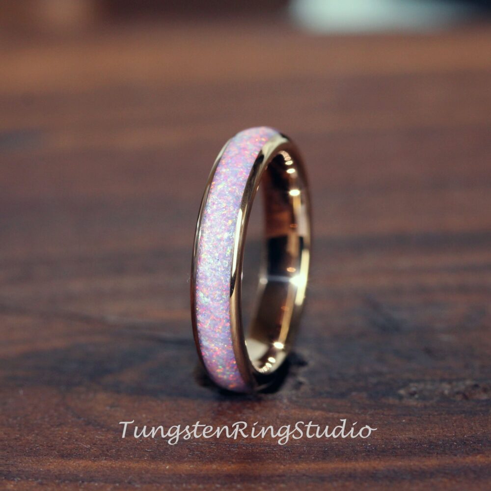 Rose Gold Crushed Lavender Purple Opal Tungsten Wedding Ring Band 4mm Anniversary Gift For Her