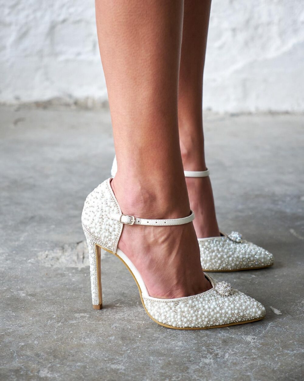 Pearl Embellished Bridal Heels, Elegant White Wedding Pumps, Handmade High Heels For Bride, Comfortable Party Shoes, Ankle Strap