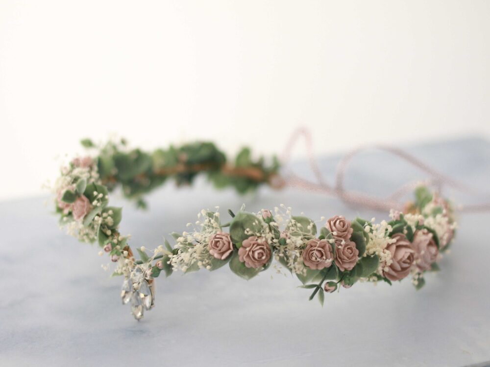 Dusty Rose Elven Crown Wedding, Eucalyptus Flower Headband, Tiara, Fairy Floral Halo, Elvish Headpiece, Baby's Breath Circlet