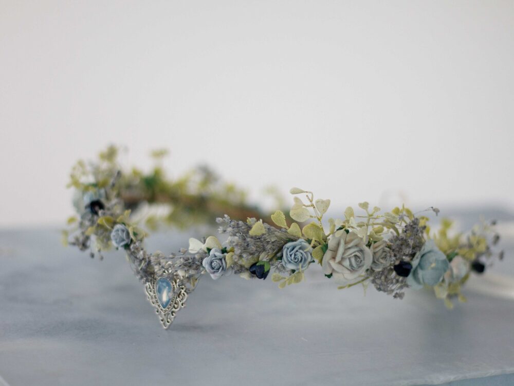 Dusty Blue Elven Crown Wedding, Bride Flower Head Band, Tiara, Fairy Floral Halo, Elvish Headpiece, Baby's Breath Circlet