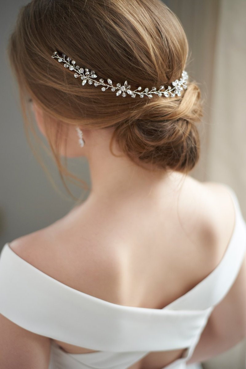 Floral Rhinestone Wedding Headband, Silver Bridal Accessory, Flower Ribbon Crystal Accessory ~Ti-3341