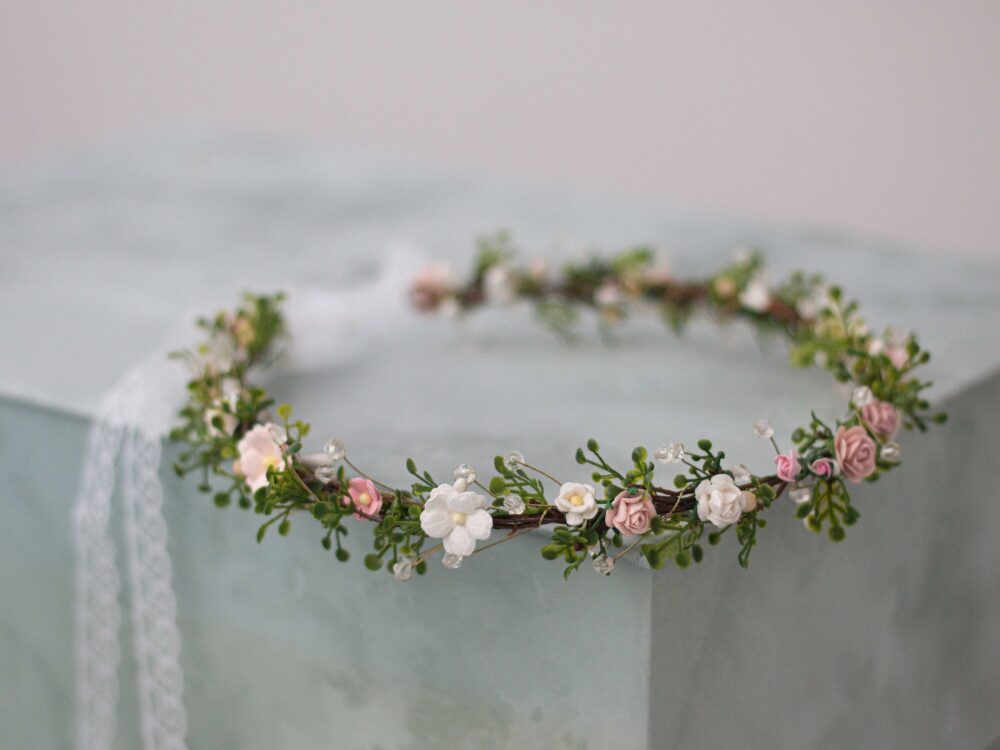 Danity Flower Crown Wedding, Blush Floral Headband Bride