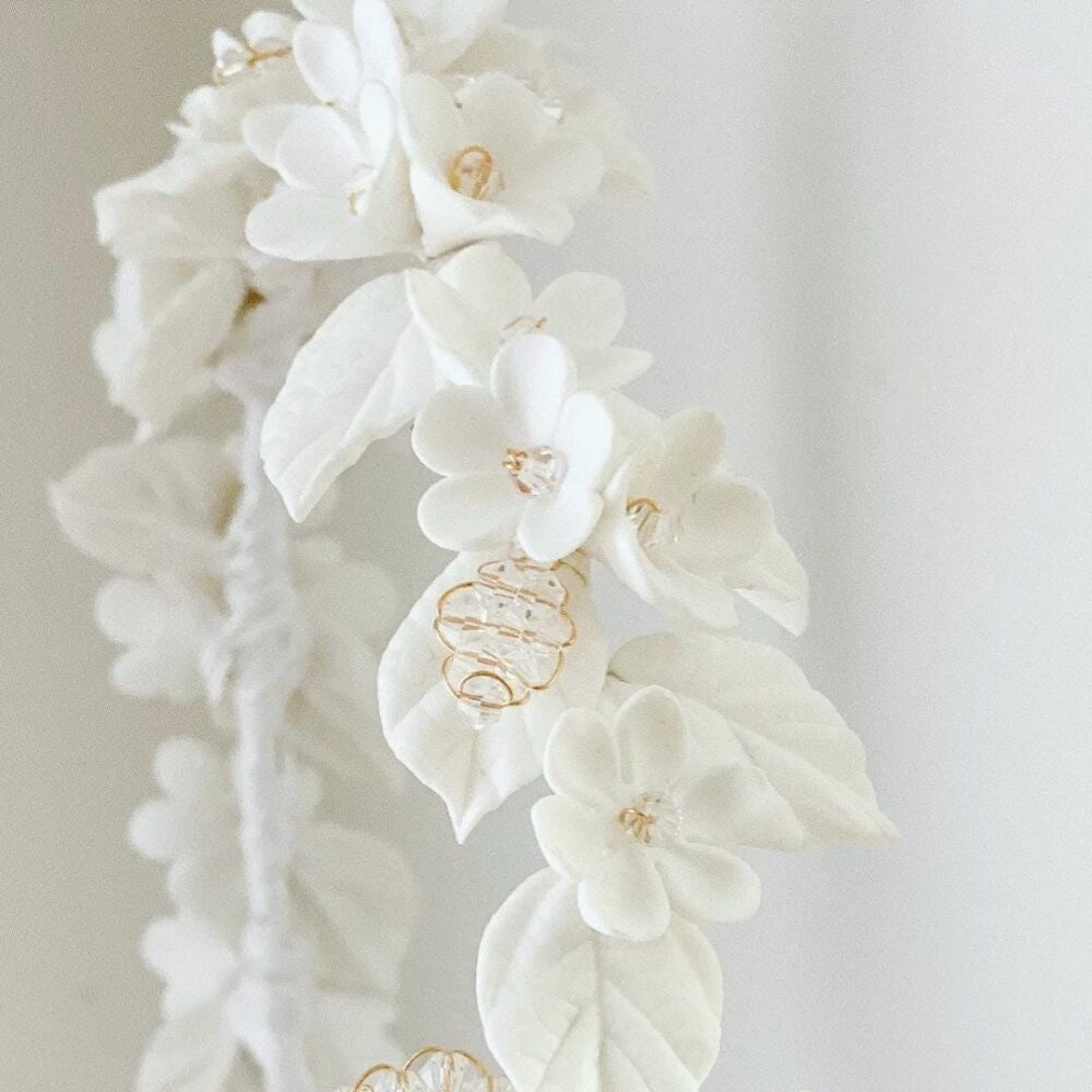 Handcrafted White Floral Headpiece, Handmade Floral Bridal Crown, Porcelain Wedding Headband, Clay Flower Crown