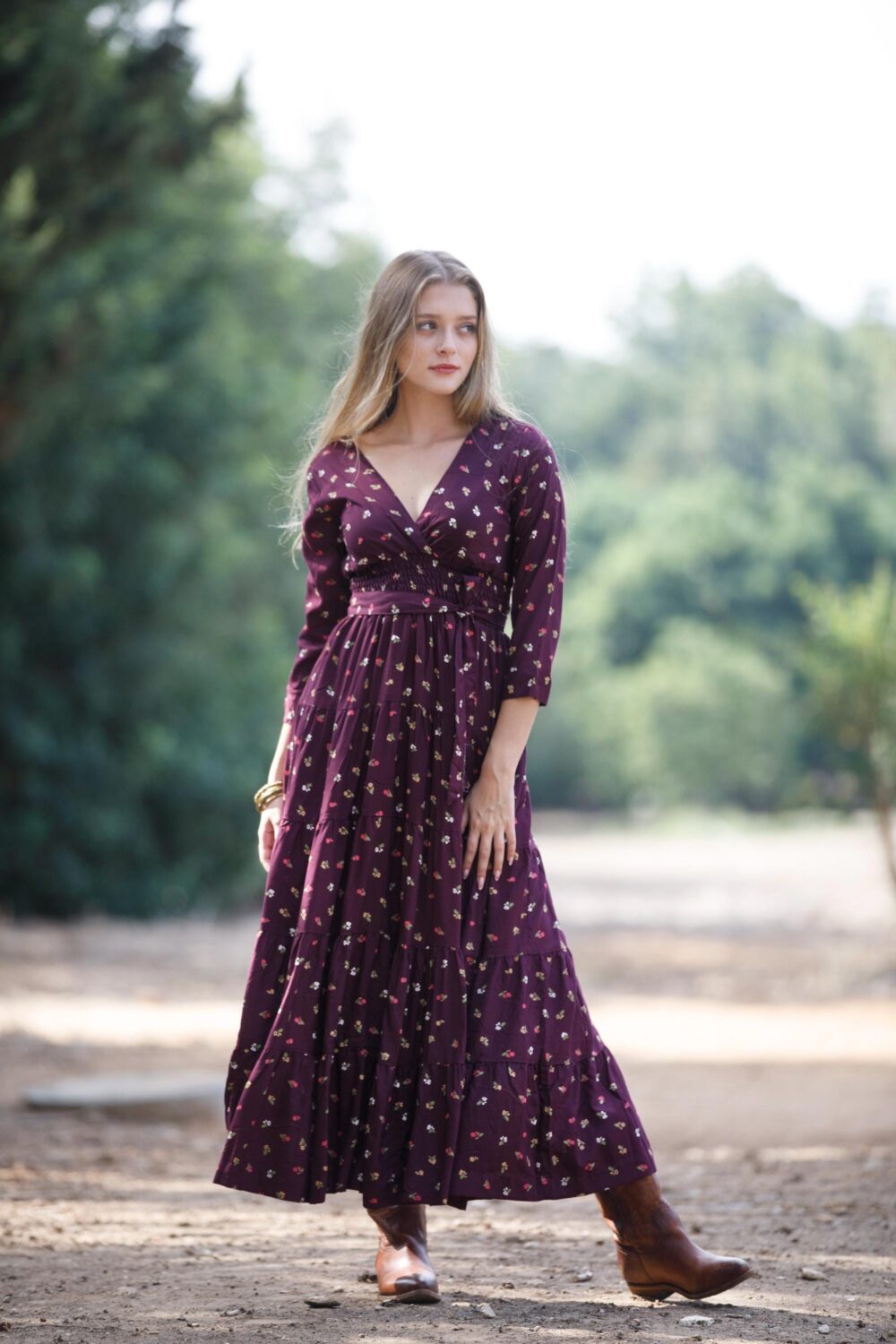 Mulberry Bloom Winter Maxi Dress For Women, Floral Boho Chic Dress, Plum Long High Waist "Carrie Dress'