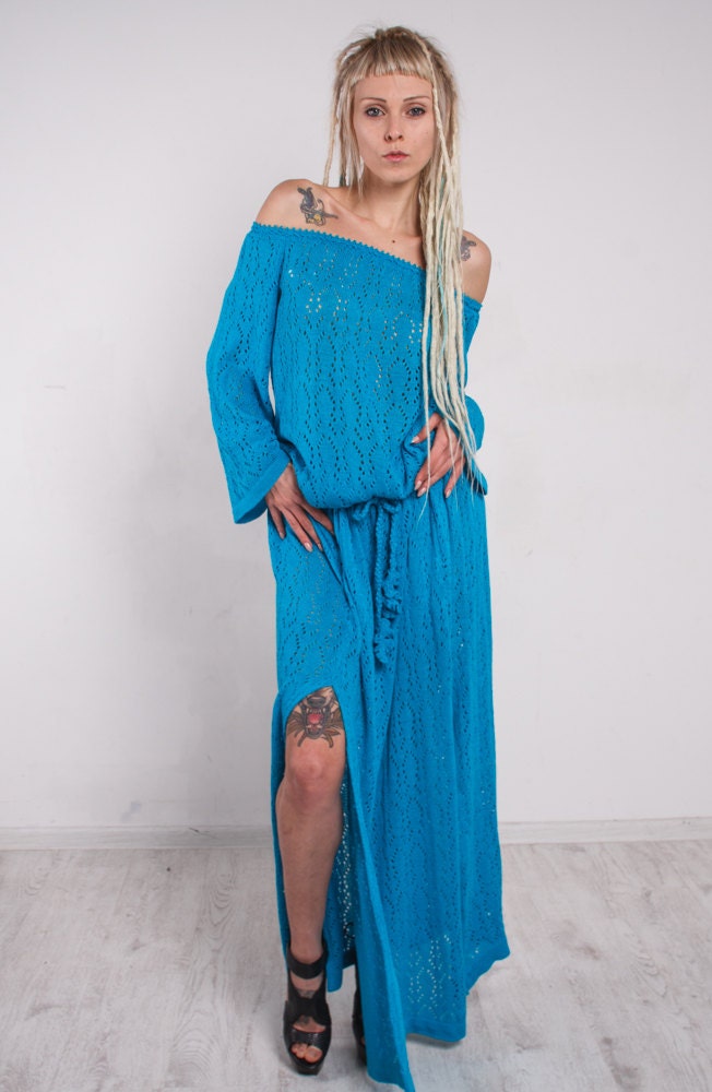 Turquoise Maxi Dress Knit Maxi Off Shoulder Crochet Long Sleeves Slits Lacy Pockets Floor