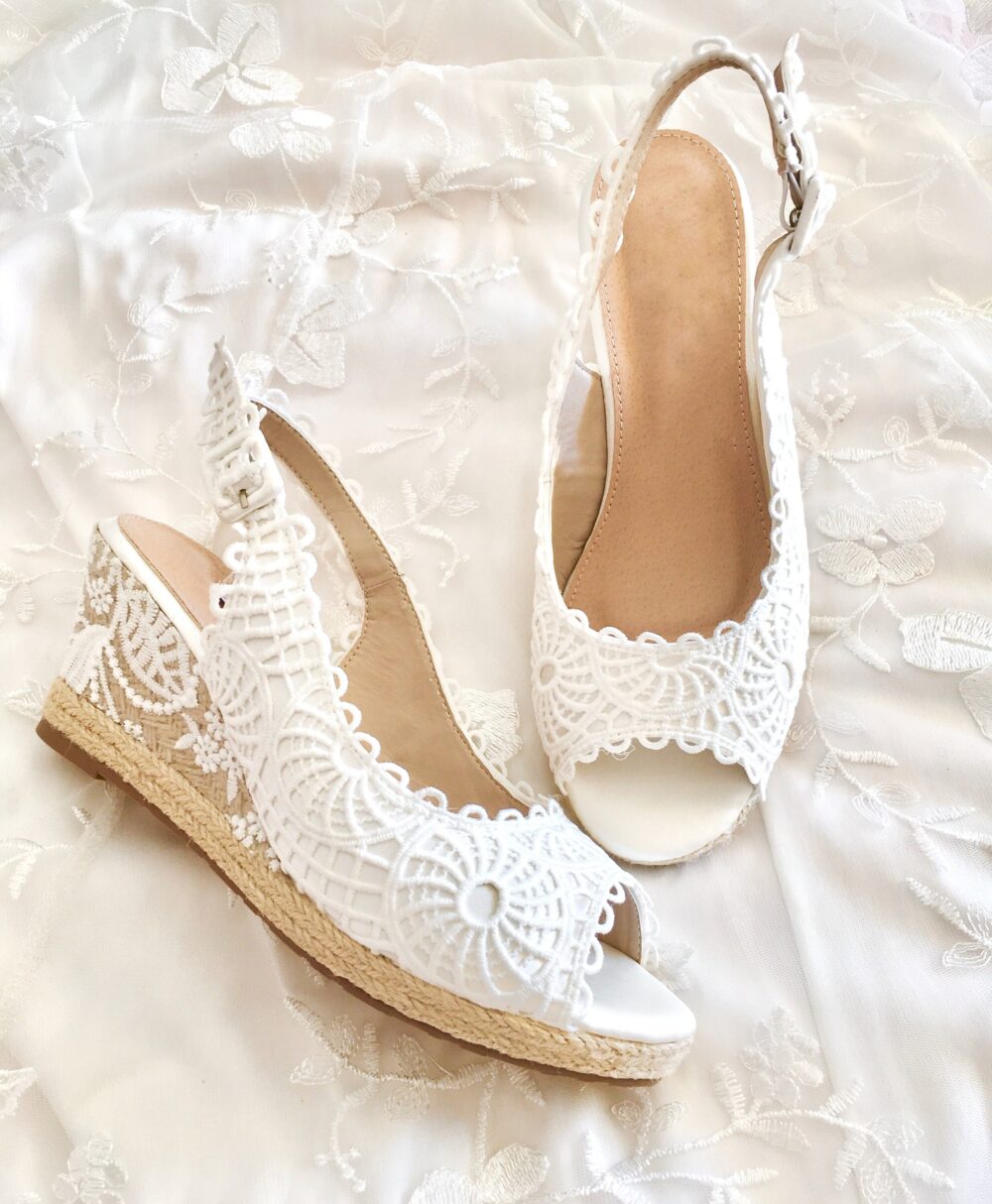 Wedge Wedding Shoes, Height 3 "-7 cm, Open Toe White Espadrilles Boho Wedding, Bridal Shoes, Macrame, Lace, Comfortable, Ankle Strap