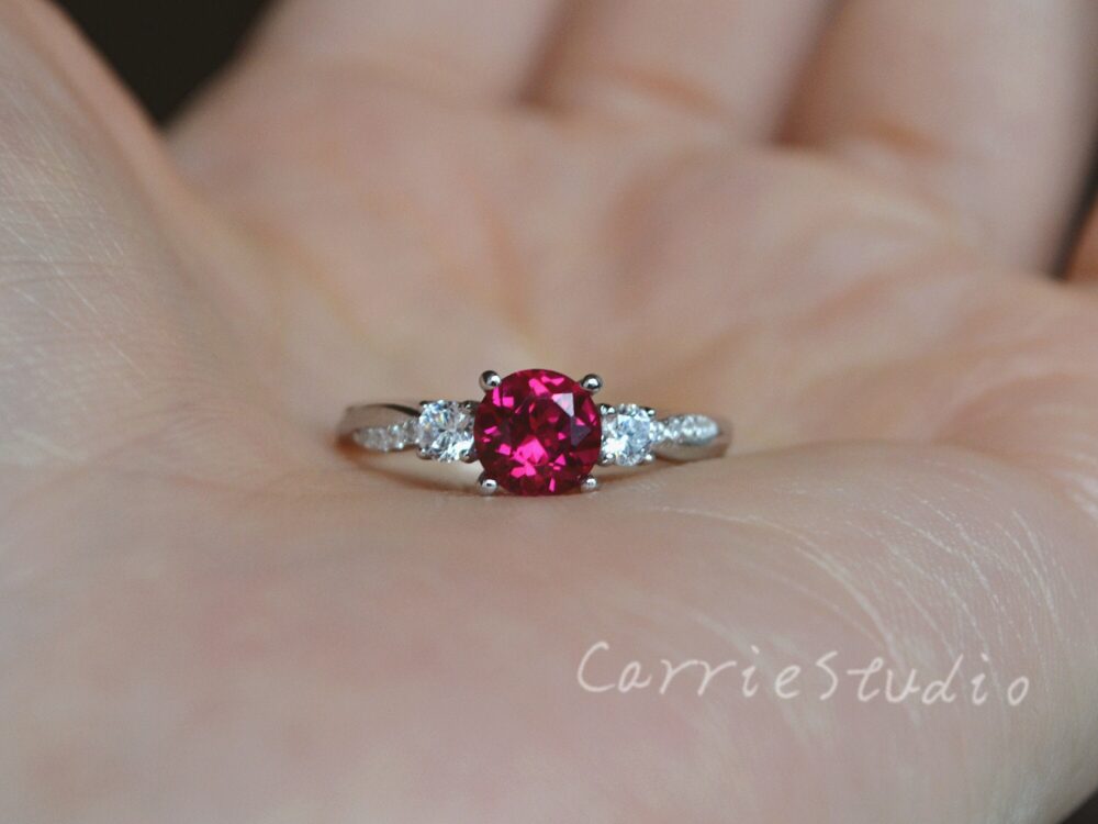 3 Stone Style Ruby Ring/925 Silver Lab Engagement Ring/Red Gem Anniversary Ring/Twist Band
