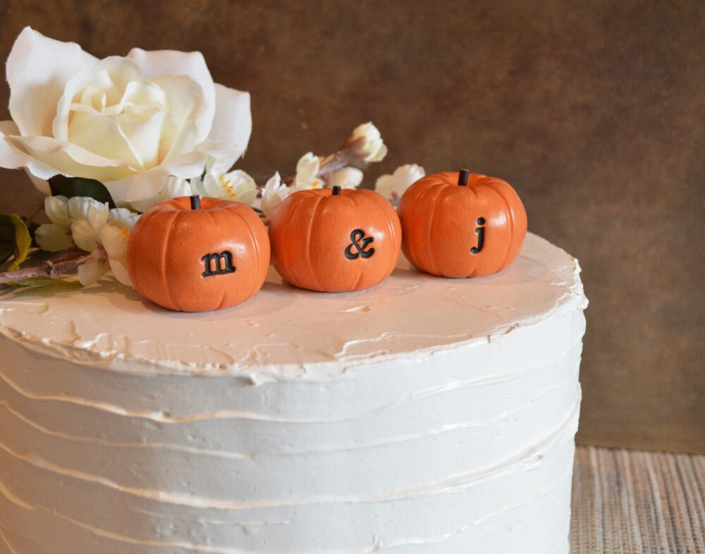Custom Wedding Cake Topper Orange Pumpkins Bespoke Fall Autumn Decor Personalized Initials Dessert Art Handmade Embossed Small Clay Keepsake
