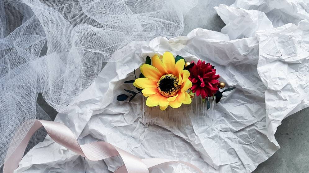 Sunflower Wedding Hair Accessory | Fall, Autumn, Sunflower, Burgundy, Comb, Greenery Piece, Bridal Flower Comb