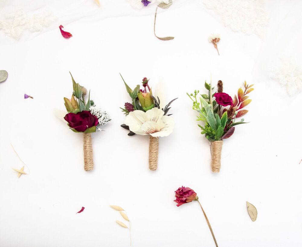 Wedding Boutonnieres Set, Floral Boutonniere, Groomsmen Buttonhole, White Orchid Wood Flower Accessories, Rustic Wedding