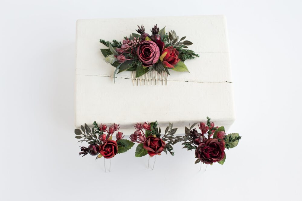 Burgundy Floral Comb, Wedding Accessories Set, Bridesmaid Headpiece, Boho Flower Floral Hair Pins, Flower Clip