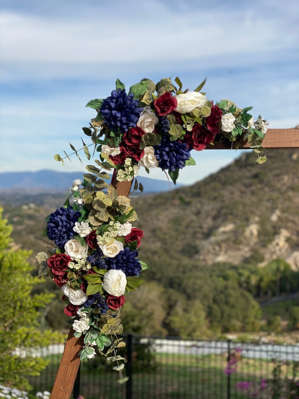 Burgundy Navy Wedding Arch Flowers, Swag, Boho Flower Blue Ceremony Flowers