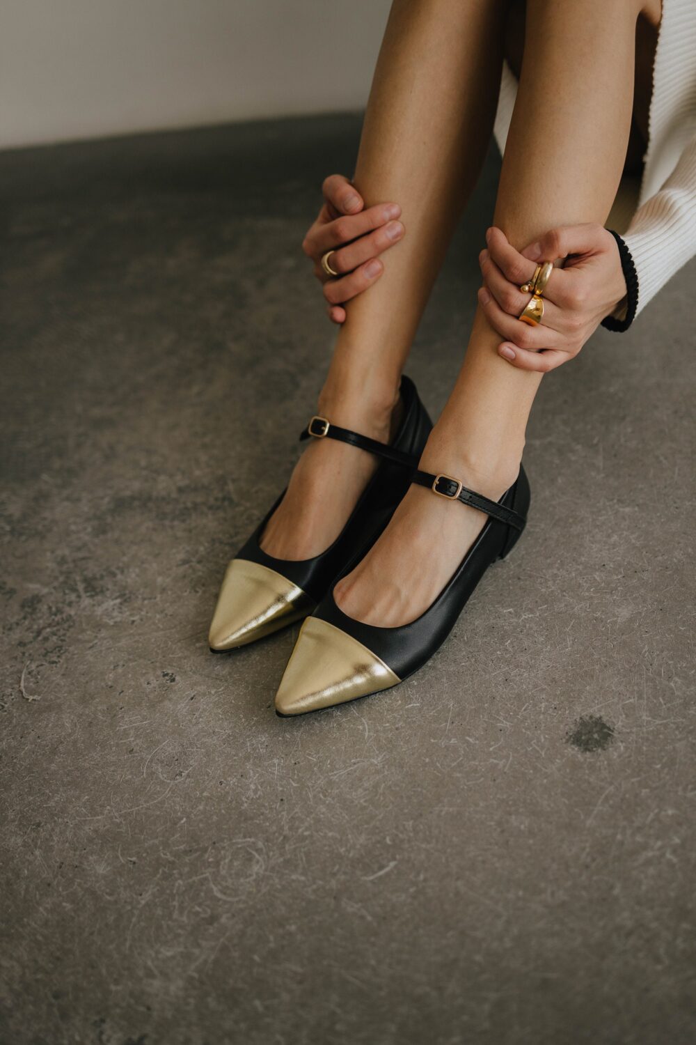 Black Ballet Flats With Golden Nose, Flat-Soled Shoes, Mary Jane Shoes Of Leather. Women's Muley Leather, Flats