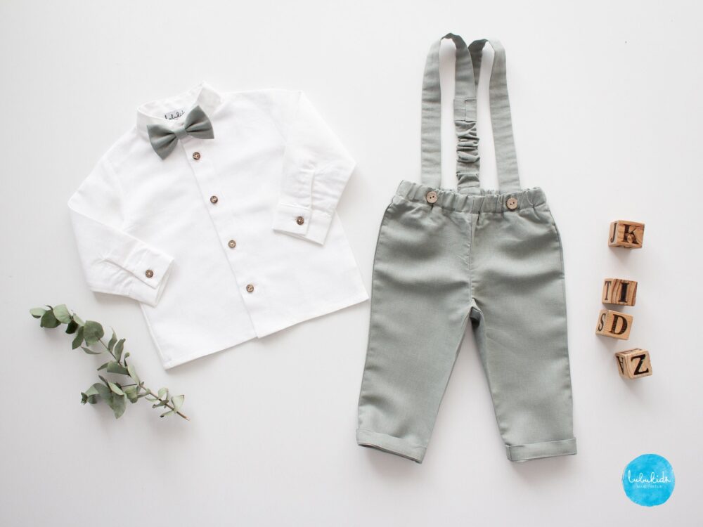 Boys Wedding Pants, Ring Bearer Suit, Page Boy Outfit - 2Pcs Linen Outfit Suspender Pants + White Shirt