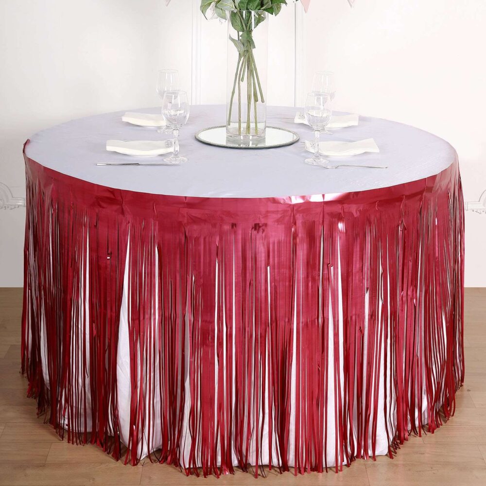 30"x9Ft Metallic Foil Fringe Table Skirt, Tinsel New Year Skirt - Matte Red