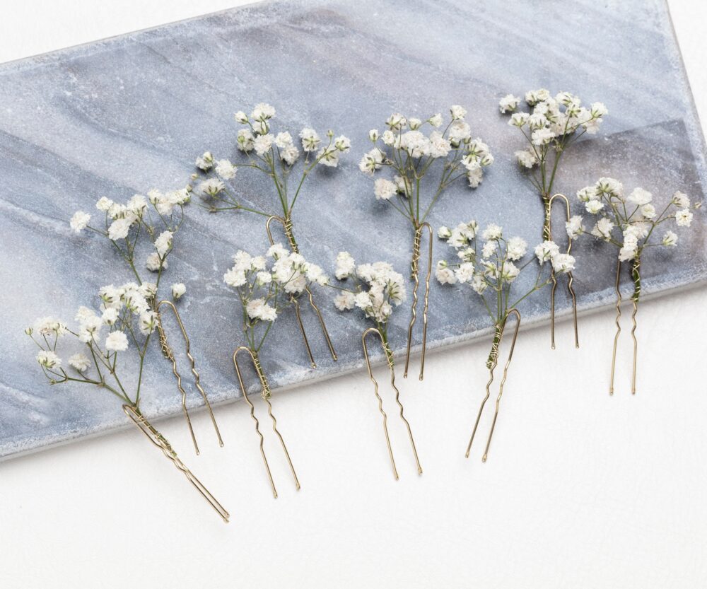 Baby Breath Hair Pins, Wedding Set Clips, Gypsophila Pin, White Baby's Breath Bridal Dried Flowers, Rustic