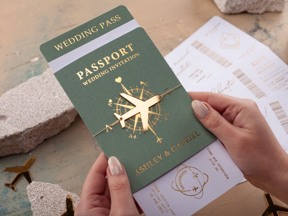 Sage Green Wedding Passport Invitation, Boarding Pass Invite, Gold Foil Destination Travel-Themed