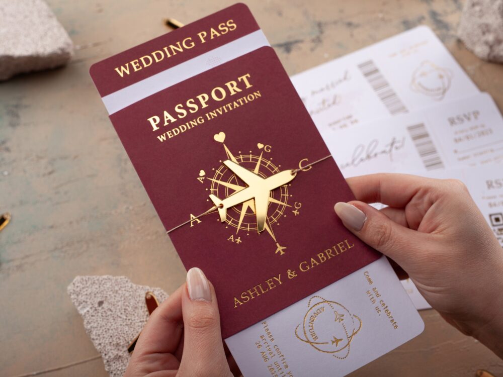 Boarding Pass Invite, Wedding Passport Invitation, Burgundy & Gold Foil, Pass, Destination Wedding, Passport-style Invite